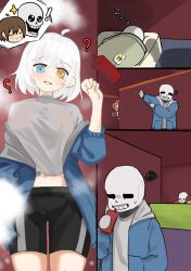 1girl blush breasts genderswap highres humanization large_breasts sans_(undertale) shirt skeleton toby_fox undertale