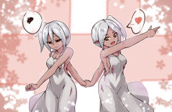 2girls bare_shoulders breasts dark_skin dark-skinned_female elf holding_hands heart long_hair multiple_girls original outdoors outstretched_arm pointing pointy_ears siblings silver_hair sisters spoken_heart torn_clothes wo_jianqiang_fu_guo yellow_eye yellow_eyes
