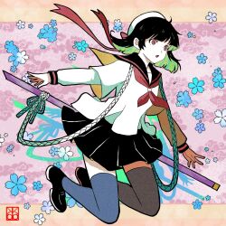 Rule 34 | 1girl, artist logo, black sailor collar, black skirt, floral background, full body, hat, hat ribbon, highres, logo, looking to the side, medium hair, neckerchief, original, outstretched arms, red eyes, ribbon, sailor collar, school uniform, serafuku, sheath, shirt, shishi (kuroear99), skirt, solo, spread arms, thighhighs, white shirt, xiangyun