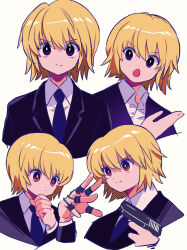 Rule 34 | 1boy, blonde hair, closed mouth, gun, highres, holding, holding gun, holding weapon, hunter x hunter, jewelry, kurapika, multiple rings, multiple views, purple eyes, red eyes, ring, sanamaru (sana79261827), short hair, simple background, solo, weapon, white background