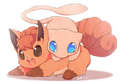 animal animal_focus blue_eyes blush brown_eyes dated gen_1_pokemon legendary_pokemon lying mew_(pokemon) mythical_pokemon nintendo open_mouth orange_hair pokemon pokemon_(creature) smile ullll_coelacanth vulpix white_background