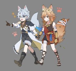 2boys absurdres aged_down ancient_greek_clothes animal_ear_fluff animal_ears animal_hands armor asymmetrical_gloves bandaged_arm bandaged_leg bandaged_tail bandages bandaid bandaid_on_cheek bandaid_on_face bandaid_on_nose bare_shoulders belt black_boots black_choker black_gloves black_shorts black_tank_top blonde_hair blue_cape blue_eyes body_markings boots braid brown_gloves brown_sandals cape cat_ears cat_tail child choker clenched_hand closed_mouth coat commentary fingerless_gloves floating_cape floating_clothes full_body gauntlets gloves gold_necklace gradient_hair greco-roman_clothes grey_background grey_hair grey_shorts hair_between_eyes hand_up highres himation holding_hands honkai:_star_rail honkai_(series) jewelry kemonomimi_mode leaf long_sleeves looking_at_another looking_to_the_side male_focus medium_hair mismatched_gloves multicolored_hair multiple_boys mydei_(honkai:_star_rail) necklace open_mouth orange_hair papajay_(jennygin2) phainon_(honkai:_star_rail) pointy_ears sandals short_hair shorts shoulder_armor simple_background single_braid smile sparkle sun_symbol symbol-only_commentary tail tank_top thigh_strap two-sided_coat two-sided_fabric v-shaped_eyebrows walking white_coat yellow_belt yellow_coat yellow_eyes
