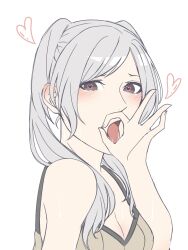 1girl ao_saryaruhu arm_at_side armpit_crease bare_shoulders blush breasts brown_eyes cleavage clenched_hand eyelashes fellatio_gesture female_focus fingernails fire_emblem fire_emblem_awakening hand_up heart heart-shaped_pupils highres long_hair looking_at_viewer medium_breasts neck nintendo no_coat open_mouth robin_(female)_(fire_emblem) robin_(fire_emblem) saliva sexually_suggestive shirt sidelocks simple_background sleeveless sleeveless_shirt sweat swept_bangs symbol-shaped_pupils tears tongue tongue_out turning_head twintails upper_body white_background white_hair