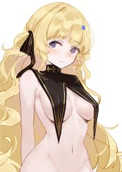 1girl absurdres arms_behind_back black_bow black_collar blonde_hair blue_eyes blush bow breast_curtains breasts closed_mouth collar commentary cowboy_shot groin hair_bow hair_ornament hashtag-only_commentary highres large_breasts long_hair looking_at_viewer navel nude out-of-frame_censoring phoebe_(wuthering_waves) reiami simple_background solo stomach striped_bow very_long_hair white_background wuthering_waves x_hair_ornament