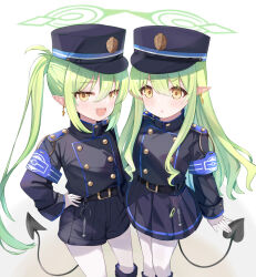 Rule 34 | 2girls, blue archive, breasts, demon tail, green hair, green halo, halo, hat, hikari (blue archive), long hair, looking at viewer, multiple girls, nozomi (blue archive), pantyhose, siblings, simple background, skirt, small breasts, standing, tail, twins, twintails, white background, white pantyhose, yatani row, yellow eyes