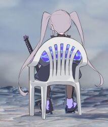 1girl black_jacket commentary devil_may_cry_(series) devil_may_cry_5 from_behind grey_hair highres hololive hololive_english jacket katana koseki_bijou koseki_bijou_(casual) long_hair meme monobloc_(chair) official_alternate_costume official_alternate_hairstyle purple_jacket ricke_2002 sitting solo sword symbol-only_commentary twintails two-sided_fabric two-sided_jacket vergil&#039;s_chair_(meme) virtual_youtuber weapon