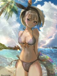 1girl bare_shoulders bea_(pokemon) beach bikini black_hairband blue_eyes blush bo_(bouillustration) breasts cleavage closed_mouth collarbone dark-skinned_female dark_skin frilled_bikini frills grey_hair hair_between_eyes hairband highres holding holding_swim_ring innertube looking_at_viewer medium_breasts nintendo outdoors pokemon pokemon_swsh short_hair solo sunlight swim_ring swimsuit water