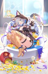 1girl absurdres aglaea_(honkai:_star_rail) animal_ear_fluff animal_ears animal_hood bathtub bell black_gloves black_jacket blue_eyes boots braid breasts broken_glass broken_window cat cat_ears cat_girl cat_hood cat_tail cipher_(honkai:_star_rail) claw_pose cleavage coin commentary_request day ears_through_headwear fang fingerless_gloves flower gem glass glint gloves gold_boots gold_coin gold_trim grey_hair hands_up high_heel_boots high_heels highres honkai:_star_rail honkai_(series) hood hood_up hooded_jacket hoodie in_bathtub indoors jacket jewelry jingle_bell large_breasts lens_flare light_particles long_hair looking_at_viewer lying nail_polish on_side open_mouth revision ribbon sam_(honkai:_star_rail) short_hair shou_choujin_juntuan single_braid solo star_rail_special_pass_(honkai:_star_rail) tail thigh_strap thighs unworn_jewelry very_long_hair window yellow_nails