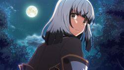 Rule 34 | 1girl, black hair, blunt bangs, brown eyes, brown jacket, closed mouth, colored tips, from behind, full moon, game cg, jacket, looking at viewer, looking back, medium hair, moon, multicolored hair, night, night sky, non-web source, origami family&#039;s elite guard uniform, outdoors, satsuki yomi, sky, solo, standing, toji no miko, toji no miko: kizamishi issen no tomoshibi, tree, upper body, white hair