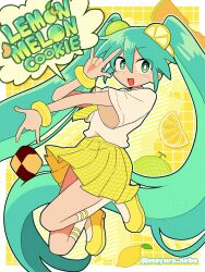 1girl aqua_eyes aqua_hair bright_pupils food-themed_hair_ornament hair_ornament hatsune_miku highres jewelry lemon_hair_ornament lemon_melon_cookie_(vocaloid) long_hair looking_at_viewer mayura_nebo melon_hair_ornament necktie open_mouth patterned_background pleated_skirt shirt shoes skirt smile socks solo song_name twintails twitter_username vocaloid white_pupils white_shirt white_socks yellow_background yellow_necktie