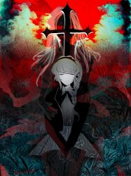 2girls absurdres black_headband braid braided_ponytail closed_eyes closed_mouth cloud cloudy_sky cross female_focus frown headband highres kirifuji_nozomi multiple_girls red_background sitting sky the_hundred_line_-last_defense_academy- v&#039;ehxness