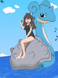 Rule 34 | 1girl, ahoge, armlet, armpit crease, artist name, barefoot, black one-piece swimsuit, breasts, brown eyes, brown hair, casual one-piece swimsuit, clenched hand, collarbone, day, fankifalu, feet, female focus, full body, gen 1 pokemon, hand up, happy, highres, holding, holding poke ball, jewelry, lapras, leaf (pokemon), legs, long hair, looking at viewer, matching hair/eyes, musical note, neck, nintendo, one-piece swimsuit, open mouth, outdoors, poke ball, pokemon, pokemon (creature), pokemon frlg, pokemon lgpe, riding, riding pokemon, sidelocks, size difference, sky, small breasts, smile, summer, swimsuit, thighs, toes