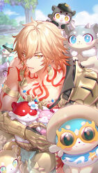 Rule 34 | 1boy, aglaea (honkai: star rail), aglaea (oatmeal) (honkai: star rail), anaxa (honkai: star rail), anaxa (nanus) (honkai: star rail), arm tattoo, armlet, armor, armored boots, bare pectorals, bilingual commentary, black coat, blonde hair, blue sky, boots, braid, bubbles (honkai: star rail), castorice (butterfly cake) (honkai: star rail), castorice (honkai: star rail), chest tattoo, chimera (honkai: star rail), chinese commentary, clawed gauntlets, coat, commentary, commentary request, earrings, english commentary, facial tattoo, gold earrings, gold necklace, gradient hair, highres, honkai: star rail, honkai (series), jewelry, kangetsu (fhalei), male focus, medium hair, mixed-language commentary, multicolored hair, mydei (honkai: star rail), necklace, open clothes, open coat, pauldrons, pectorals, phainon (honkai: star rail), phainon (vigethos) (honkai: star rail), red hair, red tattoo, shoulder armor, side braid, single pauldron, sky, solo, tattoo, toned, toned male, tribbie (honey brew) (honkai: star rail), tribbie (honkai: star rail), yellow eyes