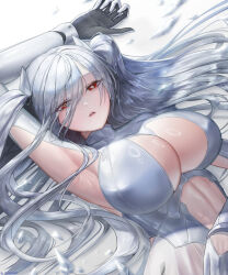 1girl absurdres armpits bodysuit breasts cinderella_(nikke) cleavage clothing_cutout gloves goddess_of_victory:_nikke hair_over_one_eye highres kimdooboo large_breasts long_hair looking_at_viewer one_eye_covered red_eyes see-through_clothes solo twintails very_long_hair white_bodysuit white_hair