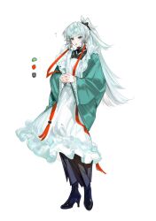 1girl apron aqua_eyes aqua_haori arlizi black_boots black_hakama black_kimono black_ribbon boots earrings fate/samurai_remnant fate_(series) frilled_apron frills full_body hair_ribbon hakama haori highres japanese_clothes jewelry kimono kishimen_hair lace maid maid_apron mixed_maids own_hands_together ribbon simple_background solo tassel tassel_earrings wa_maid white_apron white_background white_hair wide_sleeves yui_shousetsu_(fate)