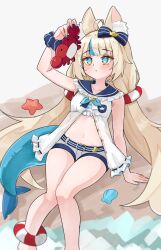1girl ahoge animal animal_ear_fluff animal_ears arm_up bare_arms bikini blonde_hair blue_eyes blue_hair blue_nails blue_neckerchief blue_sailor_collar bow breasts buttons cat_ears commentary crab curious dress feet_out_of_frame fins fish_girl fish_tail frilled_dress frills hair_bow hand_on_floor highres holding holding_animal indie_virtual_youtuber knees_together_feet_apart leaning_back lifebuoy_hair_ornament long_hair looking_at_animal low_twintails magui3 multicolored_hair nail_polish navel neckerchief outdoors paper_boat parted_lips sailor_collar sameko_saba sand scrunchie seashell shell short_shorts shorts sitting sleeveless sleeveless_dress small_breasts solo starfish streaked_hair striped_bikini striped_clothes swimsuit tail twintails unbuttoned very_long_hair virtual_youtuber water white_dress wrist_scrunchie