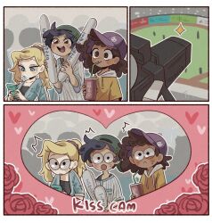3girls amphibia anne_boonchuy backwards_hat baseball_cap baseball_uniform black_hair blonde_hair blush brown_hair camera flower hat heart kiss_cam korean_commentary korean_text latki marcy_wu multiple_girls ponytail rose sasha_waybright sportswear