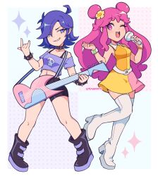 2girls \m/ ami_onuki artist_name black_footwear black_shorts blue_eyes boots bracelet choker collarbone cremanata cross cross_earrings double_bun dress earrings flower guitar hair_bun hair_flower hair_ornament hi_hi_puffy_amiyumi highres holding holding_instrument holding_microphone instrument jewelry legs_apart long_hair medium_hair microphone multiple_girls off-shoulder_shirt off_shoulder one_eye_closed open_mouth orange_dress pink_hair purple_hair purple_shirt shirt short_shorts shorts simple_background sleeveless sleeveless_dress sparkle spiked_bracelet spiked_choker spikes teeth thigh_boots thighhighs upper_teeth_only white_footwear yellow_dress yellow_flower yumi_yoshimura zettai_ryouiki