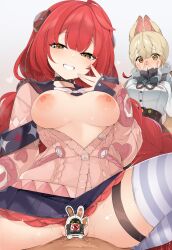 1boy 2girls absurdres alice_thymefield animal_ears blonde_hair blue_skirt blush breasts breasts_out censored character_censor commentary_request eous_(zenless_zone_zero) girl_on_top hetero heterochromia highres large_breasts long_hair multiple_girls nipples novelty_censor pink_sweater rabbit_ears rabbit_girl red_eyes red_hair sasakura sex shirt simple_background skirt smug striped_clothes striped_thighhighs sweater thigh_strap thighhighs ukinami_yuzuha very_long_hair white_background white_shirt yellow_eyes zenless_zone_zero