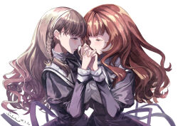 2girls alpha_signature artist_name assault_lily black_ribbon black_skirt blue_eyes blush braid brown_eyes brown_hair closed_mouth commentary_request cosplay cropped_jacket dated eye_contact face-to-face fingernails from_side half-closed_eyes hands_up high-waist_skirt highres holding_hands interlocked_fingers izawa_mikako jewelry juliet_sleeves kaede_johan_nouvel kaede_johan_nouvel_(cosplay) long_hair long_sleeves looking_at_another multiple_girls neck_ribbon parted_lips profile puffy_sleeves real_life ribbon ring school_uniform shirt side_braid sidelocks simple_background skirt upper_body voice_actor voice_actor_connection wavy_hair wednesday_(starsilver) white_background white_shirt yurigaoka_girls_academy_school_uniform