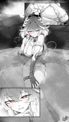 1girl absurdres ahoge armlet bare_legs barefoot blush bow braid breasts changli_(wuthering_waves) closed_mouth collarbone commentary_request dated dress feet greyscale hair_bow hair_extensions hand_on_own_knee head_wreath highres jewelry large_breasts legs looking_at_viewer mole mole_on_breast monochrome official_alternate_costume onsen orange_eyes partially_submerged ring_hair_extensions signature smile solo spot_color starblame thighlet toes wuthering_waves