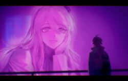 1boy 1girl ahoge blade_runner_(series) blade_runner_2049 eyelashes from_behind gradient_background grin hair_between_eyes hairband hand_up headband hologram kashimiya_karua long_hair looking_at_another messy_hair mole mole_under_eye movie_reference open_mouth pink_background purple_background smile standing sumino_takumi teeth the_hundred_line_-last_defense_academy- upper_body