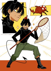 1girl beetle black_hair black_sweater boots bug butterfly_net demon_girl demon_horns demon_tail full_body green_pants hand_net highres holding holding_butterfly_net horns insect momomo_906 multiple_views original pants sparkle sparkling_aura sweater tail turtleneck turtleneck_sweater yellow_eyes