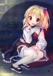 1girl :d amo_(shibu3) black_shoes black_skirt black_vest blonde_hair bloomers bow bush dark_background darkness fang fence highres knees leggings long_sleeves mary_janes medium_hair open_mouth red_bow red_eyes rumia shoes skirt smile solo sparkle squatting touhou underwear vest white_leggings white_sleeves