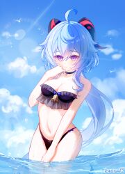 1girl absurdres bikini black_choker blue_hair blush breasts chinese_commentary choker cleavage cloud cloudy_sky commentary_request day double-parted_bangs frills ganyu_(genshin_impact) genshin_impact gradient_eyes hair_between_eyes hair_ornament hand_on_own_face highres in_water lens_flare linea_alba long_hair medium_breasts mibai_yume multicolored_eyes navel outdoors purple_eyes purple_ribbon ribbon sky solo swimsuit very_long_hair wading water