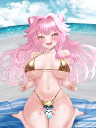 1girl :3 animal_ears bare_shoulders beach bikini blush breasts chattino_(raora_panthera) cloud cloudy_sky collarbone commentary day double_v english_commentary fang fingernails hair_intakes highres hiroshi_shin hololive hololive_english kneeling large_breasts long_hair looking_at_viewer mixed-language_commentary multicolored_hair nail_polish navel ocean open_mouth outdoors panther_ears panther_girl pink_hair pink_nails raora_panthera sand skin_fang sky smile solo stomach streaked_hair swimsuit thighs v virtual_youtuber yellow_bikini yellow_eyes