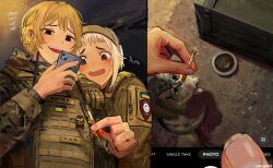 Rule 34 | 2girls, azov battalion, blonde hair, blood type, blush, brown eyes, bulletproof vest, cat, caucasus legion, cigarette, english text, flag patch, from above, gloves, highres, holding, holding cigarette, holding phone, leaning on person, marichka, military patch, multiple girls, nika (usergore), open mouth, original, phone, russo-ukrainian war, sidelocks, smile, smug, tareme, teeth, tongue, ukraine, ukrainian flag, usergore, watch, white hair, wristwatch