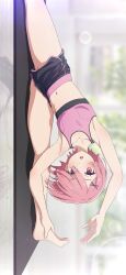 1girl :o absurdres armpits arms_up barefoot black_shorts blurry blurry_background collarbone commentary_request contemporary dolphin_shorts feet flexible hair_ornament highres holding_own_foot lens_flare looking_at_viewer na-suke navel pink_eyes pink_hair pink_sports_bra ram_(re:zero) re:zero_kara_hajimeru_isekai_seikatsu reflection short_hair shorts sideways solo split sports_bra stomach stretching thighs toes x_hair_ornament yoga_mat