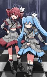 2girls ahoge black_boots black_sleeve_cuffs blue_eyes blue_socks boots bow buttons cosplay drill_hair grey_jacket grey_shirt hair_between_eyes hair_bow hair_ribbon hand_on_own_hip hatsune_miku highres jacket kakue_gaku kasane_teto kasane_teto_(cosplay) kasane_teto_(sv) kneehighs lace-up_boots layered_skirt layered_sleeves long_sleeves midriff multiple_girls open_mouth red_eyes red_hair red_socks ribbon shirt shoulder_belt shoulder_boards skirt skirt_hold skirt_set sleeve_cuffs smile socks striped_clothes striped_jacket synthesizer_v twin_drills twintails utau vocaloid white_bow white_ribbon