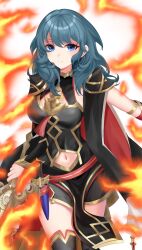 1girl armor black_armor black_cape blue_eyes breasts brooch cape clothing_cutout ell_0314 female_byleth_(fire_emblem) female_byleth_(resplendent)_(fire_emblem) fire fire_emblem fire_emblem:_three_houses fire_emblem_heroes flaming_weapon highres holding holding_weapon jewelry looking_at_viewer medium_breasts multicolored_cape navel navel_cutout nintendo official_alternate_costume pelvic_curtain solo sword sword_of_the_creator thighhighs vambraces weapon