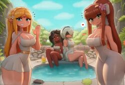 Rule 34 | 2b (nier:automata), 4girls, aqua eyes, aqua hair, barefoot, black hair, blindfold, blonde hair, blue eyes, blush, book, braid, breasts, brown hair, bush, capelet, cephalopod eyes, choker, cleavage, cloud, collarbone, crossed legs, crossover, crown braid, cup, dark skin, doki doki literature club, dress, drink, drinking glass, drinking straw, flower, gloves, gradient hair, green eyes, grey hair, hair flower, hair ornament, hair ribbon, hairband, head wreath, heart, large breasts, long hair, looking at viewer, marina (splatoon), midriff, monika (doki doki literature club), multicolored hair, multiple girls, nier:automata, nier (series), nintendo, octoling, octopus girl, open mouth, pencil, pink flower, pointy ears, ponytail, pool, princess zelda, purple flower, ribbon, rock, shirt, short hair, sitting, skirt, sky, sleeveless, sleeveless dress, smile, soaking feet, sparkle, speech bubble, splatoon (series), spoken heart, square enix, standing, strapless, suction cups, symbol-shaped pupils, teeth, tentacle hair, the legend of zelda, thick thighs, thighs, tiara, tony welt, tropical drink, tube top, two-tone hair, water, waving, white capelet, white dress, white gloves, white ribbon, white shirt, white skirt, wide hips