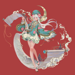 absurdres ao_dai ao_nhat_binh aoqun bird calligraphy_brush cloud crane_(animal) floating floating_hair floral_print flower hair_flower hair_ornament hanfu happy_new_year highres holding holding_calligraphy_brush holding_paintbrush kembo_chan khan_van long_hair new_year original paintbrush purple_eyes red_background scroll skirt vietnamese_clothes white_hair