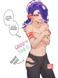 1girl absurdres artist_logo artist_name black_pants blush breasts cephalopod_eyes cleavage collarbone commentary covering_breasts covering_privates earrings english_text eyeliner flying-frappuccino hair_over_one_eye highres jewelry logo makeup medium_breasts medium_hair navel nintendo octoling one_eye_covered open_mouth pants pointy_ears purple_hair red_eyeliner red_eyes shiver_(deep_cut_outfit)_(splatoon) shiver_(splatoon) solo speech_bubble splatoon_(series) splatoon_3 standing suction_cups sweat tentacle_hair tooth_earrings topless_female twitter_strip_game