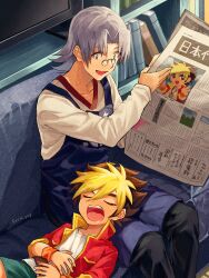 2boys amanogawa_ryuusei andou_loid apron aqua_shorts artist_name belt black_pants blue_apron book bookshelf brown_belt child collared_jacket commentary couch curtained_hair glasses green_eyes grey_hair hands_on_own_stomach hands_up highres holding holding_newspaper indoors jacket jinzou_konchuu_kabutoborg_vxv kuroda_(kuro_yyy) looking_at_another lying medium_hair mini_eyewear multiple_boys newspaper on_back on_couch open_mouth pants red_jacket round_eyewear shirt shorts signature sitting sleeping smile snoring symbol-only_commentary television white_shirt wristband