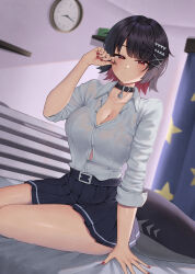 1girl absurdres belt black_choker black_hair breasts choker cleavage clock colored_inner_hair ellen_joe ellen_joe_(on_campus) fins fish_tail highres large_breasts miniskirt mole mole_under_eye moriyama_a multicolored_hair pleated_skirt red_eyes red_nails rubbing_eyes shark_tail shirt short_hair sitting skirt solo tail two-tone_hair white_shirt zenless_zone_zero
