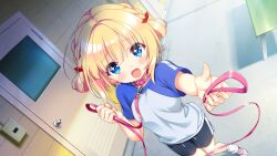 Rule 34 | + +, 1girl, :d, animal collar, black shorts, blonde hair, blue sleeves, blunt bangs, blush, bow, braid, collar, commentary, dutch angle, excited, eyes visible through hair, fangs, feet out of frame, fingernails, foreshortening, furrowed brow, game cg, gym shorts, hair bow, hair rings, highres, holding, holding leash, holding own leash, indoors, inuya komaru, leash, looking at viewer, medium hair, offering leash, official art, open mouth, pink collar, promotional art, red bow, ren&#039;ai hajimemashite, sacraneco, shirt, short sleeves, shorts, skin fangs, smile, solo, sparkling eyes, standing, t-shirt, tareme, twin braids, two-tone shirt, white shirt