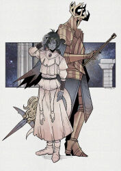 1girl 1other armor black_hair blue_skin closed_mouth colored_skin commentary_request commission crucible_knight elden_ring full_armor full_body gauntlets greaves helm helmet herheim highres holding holding_polearm holding_weapon lance medium_hair one_eye_closed polearm shoes signature skirt smile standing tarnished_(elden_ring) weapon white_footwear white_skirt