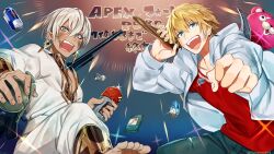 2boys :d absurdres apex_legends arm_up blonde_hair blue_eyes blue_pants can dark-skinned_male dark_skin energy_drink ex_albio explosive grenade grenade_pin grey_hair gun hair_between_eyes highres holding hood hood_down hooded_jacket ibrahim_(1st_costume)_(nijisanji) ibrahim_(nijisanji) jacket long_sleeves male_focus multiple_boys nijisanji ninahachi open_clothes open_jacket open_mouth pants playerunknown&#039;s_battlegrounds puffy_long_sleeves puffy_sleeves red_bull red_shirt shirt smile torn_clothes torn_pants v-shaped_eyebrows virtual_youtuber weapon weapon_request white_jacket white_pants white_shirt