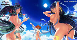 3girls absurdres ahoge armpits arms_behind_head arms_up ass ayane_sakura_(ayane_939) back black_hair blonde_hair blue_sky breasts completely_nude dark-skinned_female dark_skin fate/grand_order fate_(series) fujimaru_ritsuka_(female) green_eyes green_hair hair_between_eyes highres long_hair long_sleeves looking_at_viewer looking_back medium_breasts multicolored_hair multiple_girls naked_shirt navel nude one_eye_closed open_mouth orange_eyes orange_hair puckered_lips red_hair shirt short_hair sidelocks sky streaked_hair swept_bangs trung_nhi_(fate) trung_trac_(fate) wavy_hair white_shirt yellow_eyes