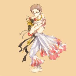 1boy barefoot belt black-framed_eyewear black_belt black_gloves brown_eyes brown_hair championship_belt closed_mouth clothes_around_waist commentary_request cross cross_necklace cross_of_prontera cross_scar flame_print full_body gauntlets glasses gloves jewelry looking_at_viewer male_focus necklace pants ragnarok_online scar scar_on_shoulder shirt shirt_around_waist short_bangs short_hair simple_background smile solo sura_(ragnarok_online) topless_male white_pants white_shirt yukimushi