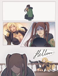 Rule 34 | 2girls, blonde hair, breast mousepad, breasts, brown hair, center opening, coat, drag-on dragoon, drag-on dragoon 3, facial mark, five (drag-on dragoon), forehead mark, four (drag-on dragoon), green coat, highres, large breasts, lips, mousepad, multiple girls, palarien, parted bangs, roman numeral, twintails