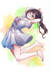 1girl anklet arched_back arms_behind_head arms_up artist_name barefoot bespectacled bloom_festival_(project_sekai) blue_nails bow breasts brown-framed_eyewear brown_eyes brown_hair collarbone colorful_background floating full_body glasses grin hair_bow halftone high-waist_skirt highres jewelry legs_up long_hair looking_at_viewer miniskirt multicolored_nails official_alternate_costume official_alternate_hair_length official_alternate_hairstyle orange_bow ponytail print_shirt project_sekai purple_nails rimu_1112 shinonome_ena shirt short_sleeves skirt smile solo splatter_background toenails two-tone_nails waist_ribbon white_shirt