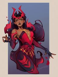 1girl absurdres animification avengers_(series) breasts brown_hair cape dress gloves green_eyes highres jewelry jupiemm long_hair looking_at_viewer magic marvel marvel_rivals medium_breasts scarlet_witch scarlet_witch_(emporium_matron) simple_background solo wanda_maximoff