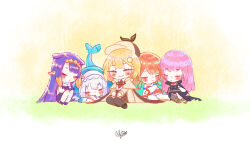 Rule 34 | 5girls, black thighhighs, blonde hair, blue hair, blue hoodie, blush, brown coat, brown hat, chibi, closed eyes, coat, commentary, crossed arms, deerstalker, elmi hikaribi, english commentary, english text, gawr gura, gawr gura (1st costume), gradient hair, hat, highres, hololive, hololive english, holomyth, hood, hood up, hoodie, knees to chest, long hair, mori calliope, mori calliope (1st costume), multicolored hair, multiple girls, necktie, ninomae ina&#039;nis, ninomae ina&#039;nis (1st costume), orange hair, pink hair, pointy ears, purple hair, red necktie, short hair, signature, simple background, sitting, sleeping, smile, takanashi kiara, takanashi kiara (1st costume), thighhighs, virtual youtuber, watson amelia, watson amelia (1st costume), white background, white hair