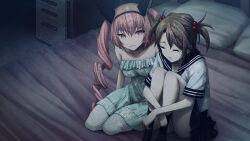 2girls :3 akiha_rumiho animal_ear_hairband animal_ears ass bed_sheet bedroom black_neckerchief black_sailor_collar black_sleeves black_socks blue_dress blue_skirt breasts brown_hair cat_ears child collar collarbone cropped_shirt crossed_arms crying dark dark_room dress drill_hair facing_down fake_animal_ears flat_chest frilled_collar frills game_cg hairband highres hugging_own_legs huke kneeling long_hair looking_at_another medium_breasts miniskirt multiple_girls neckerchief non-web_source official_art on_bed pillow pink_eyes pink_hair pink_lips pleated_skirt ringed_eyes sad sailor_collar school_uniform serafuku shiny_lips shirt short_sleeves short_twintails sitting skirt sleeveless sleeveless_dress smile socks square_pupils steins;gate steins;gate:_linear_bounded_phenogram streaming_tears tears tennouji_nae thick_thighs thighs tsurime twin_drills twintails underbutt white_shirt white_stripes