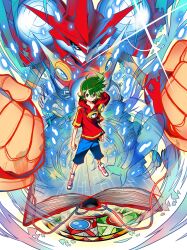 Rule 34 | 2boys, absurdres, android, appmon, armor, aura, bandai, blue eyes, creature, digimon, digimon universe: appli monsters, energy, full armor, globemon, goggles, green hair, highres, long hair, looking at viewer, mechanical wings, multiple boys, naoki akamine, shinkai haru, shoes, shorts, smile, standing, wings